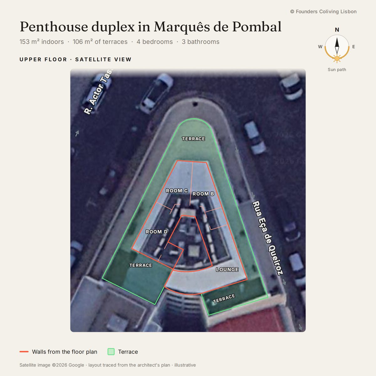 Satellite image of the building with the upper floor plan drawn on top