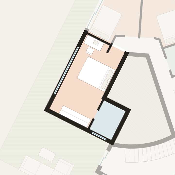 Room D on the upper floor plan, with the en-suite bathroom and the window to the large terrace